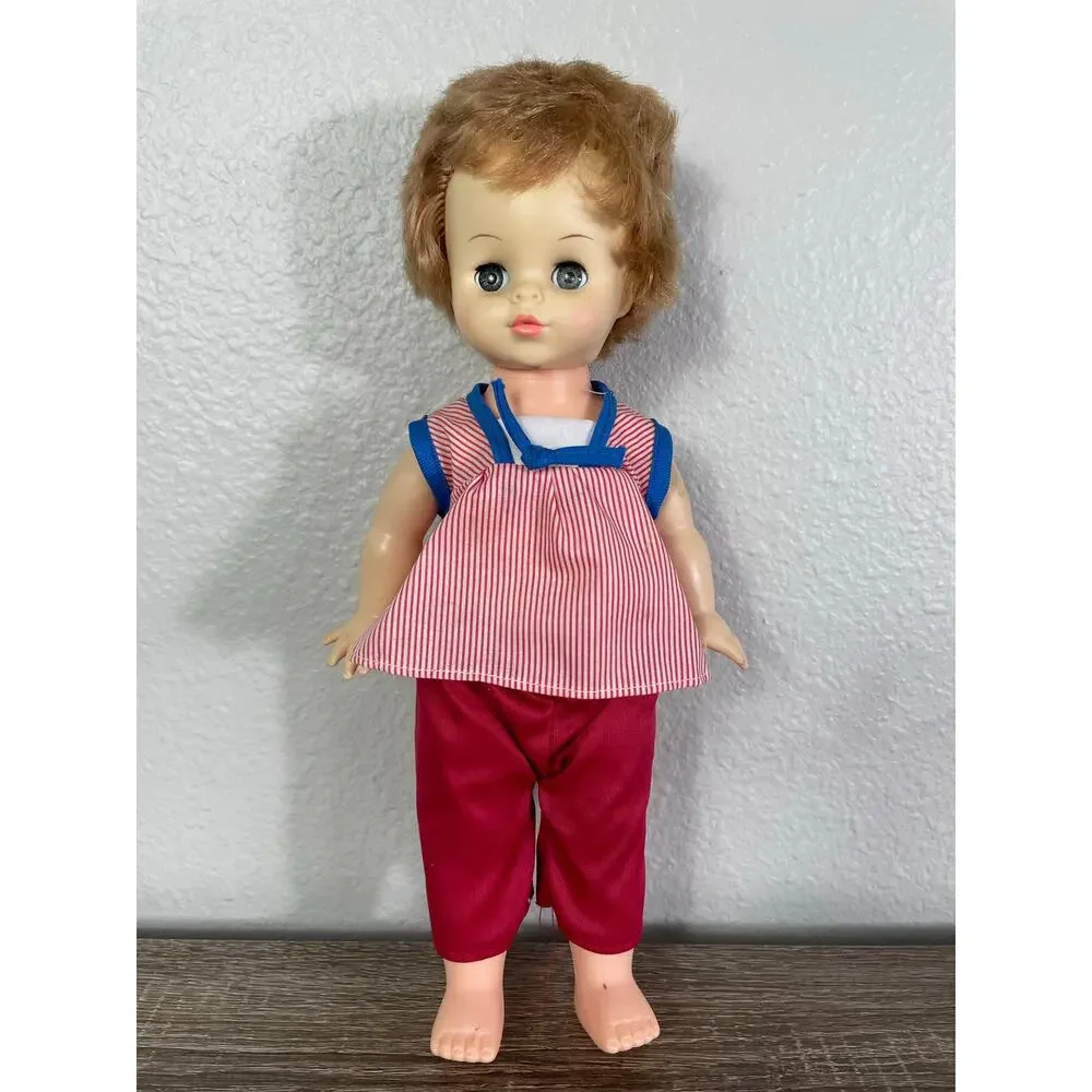 Horsman 1960s Drink Wet Baby Doll 18in Sleep Eyes Red Outfit Vintage Toddler Toy